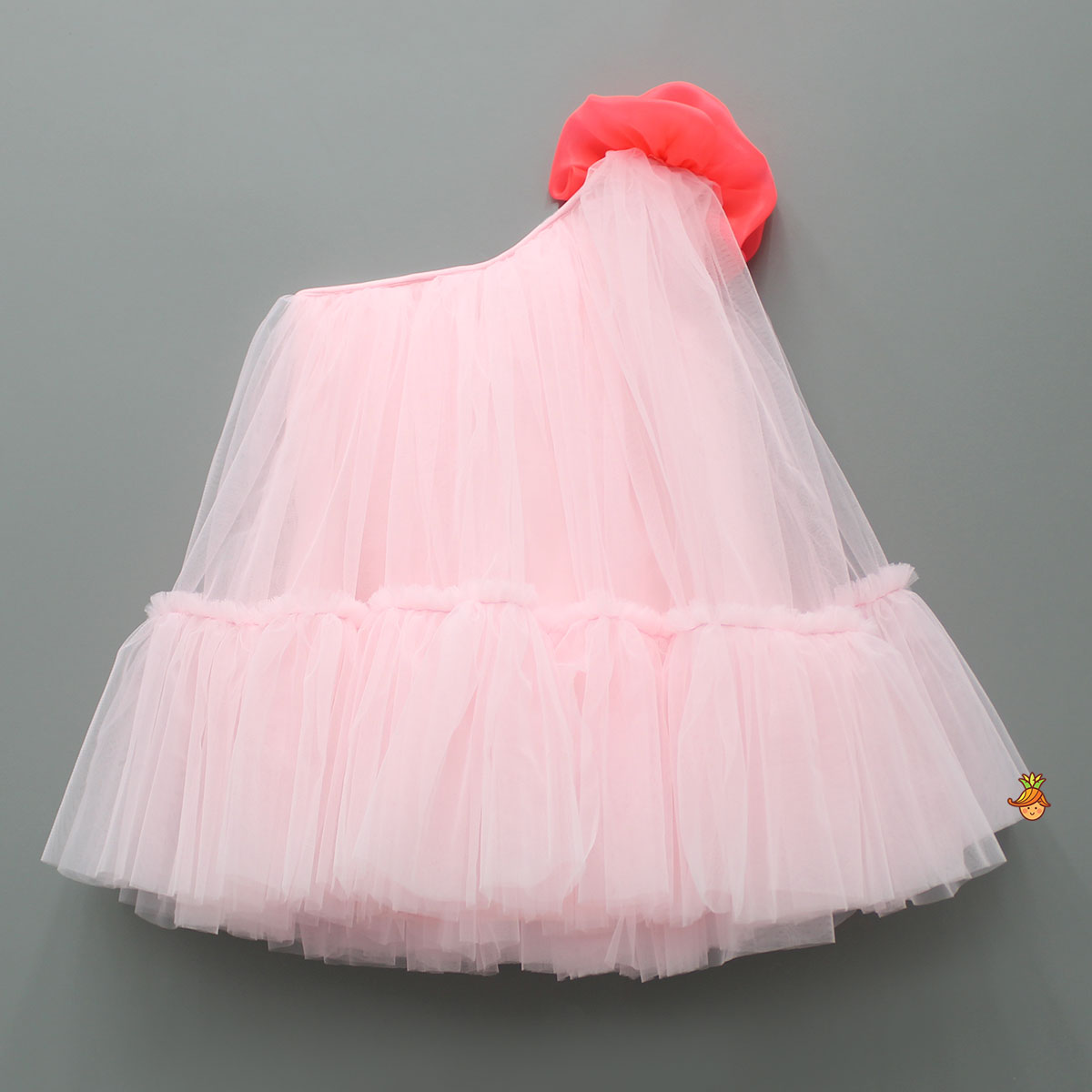 Swirled Flower Enhanced Pink One Shoulder Dress With Hair Band