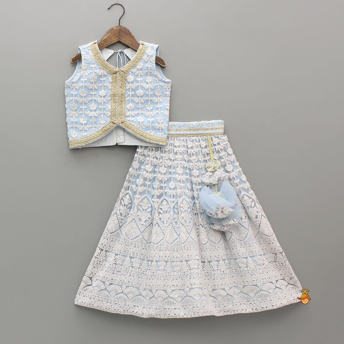 Sequins Embellished Blue Top And Lehenga With Dupatta And Potli Bag