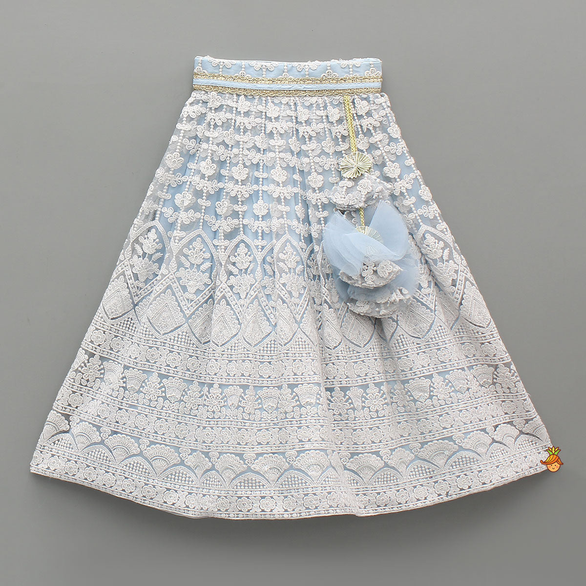 Sequins Embellished Blue Top And Lehenga With Dupatta And Potli Bag