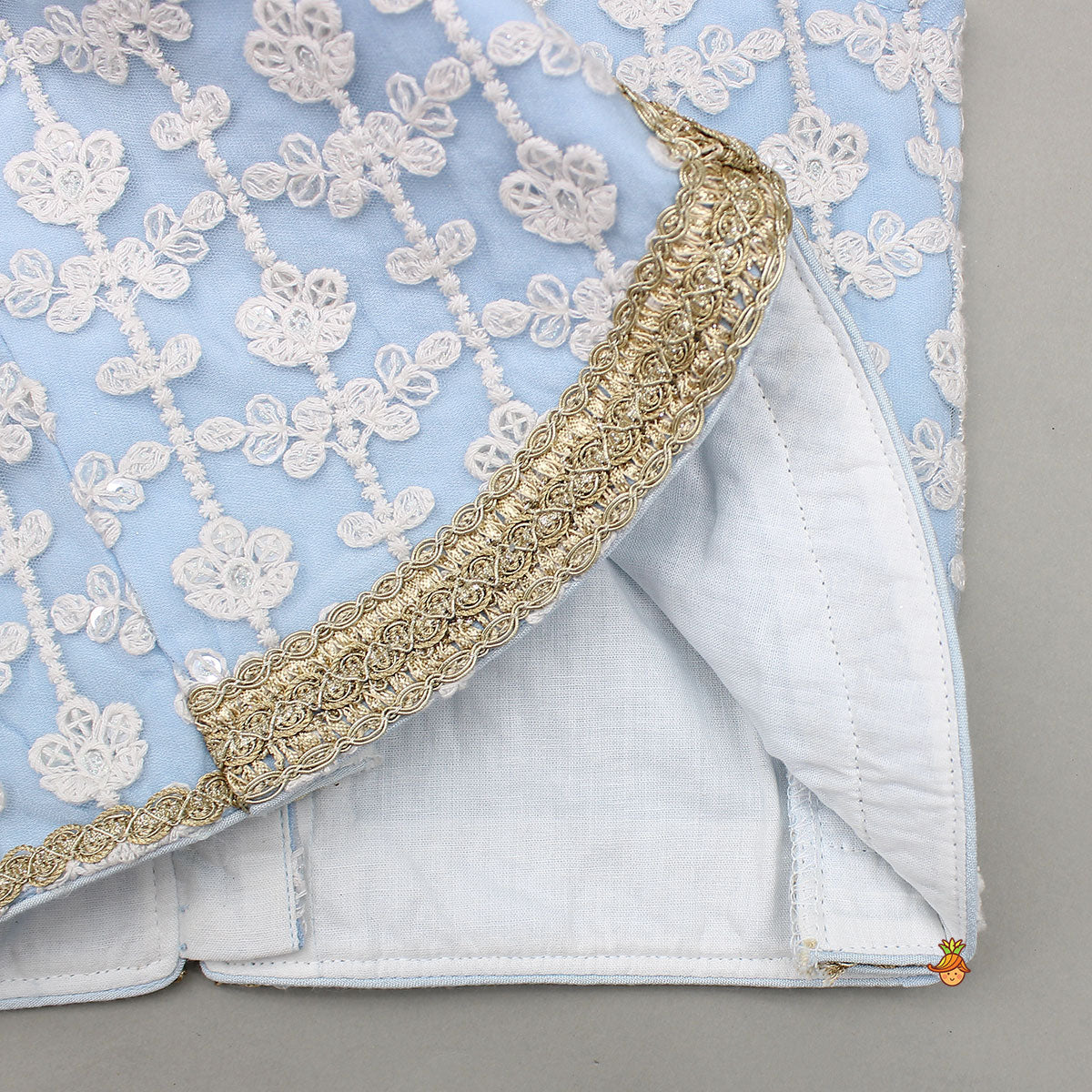 Sequins Embellished Blue Top And Lehenga With Dupatta And Potli Bag