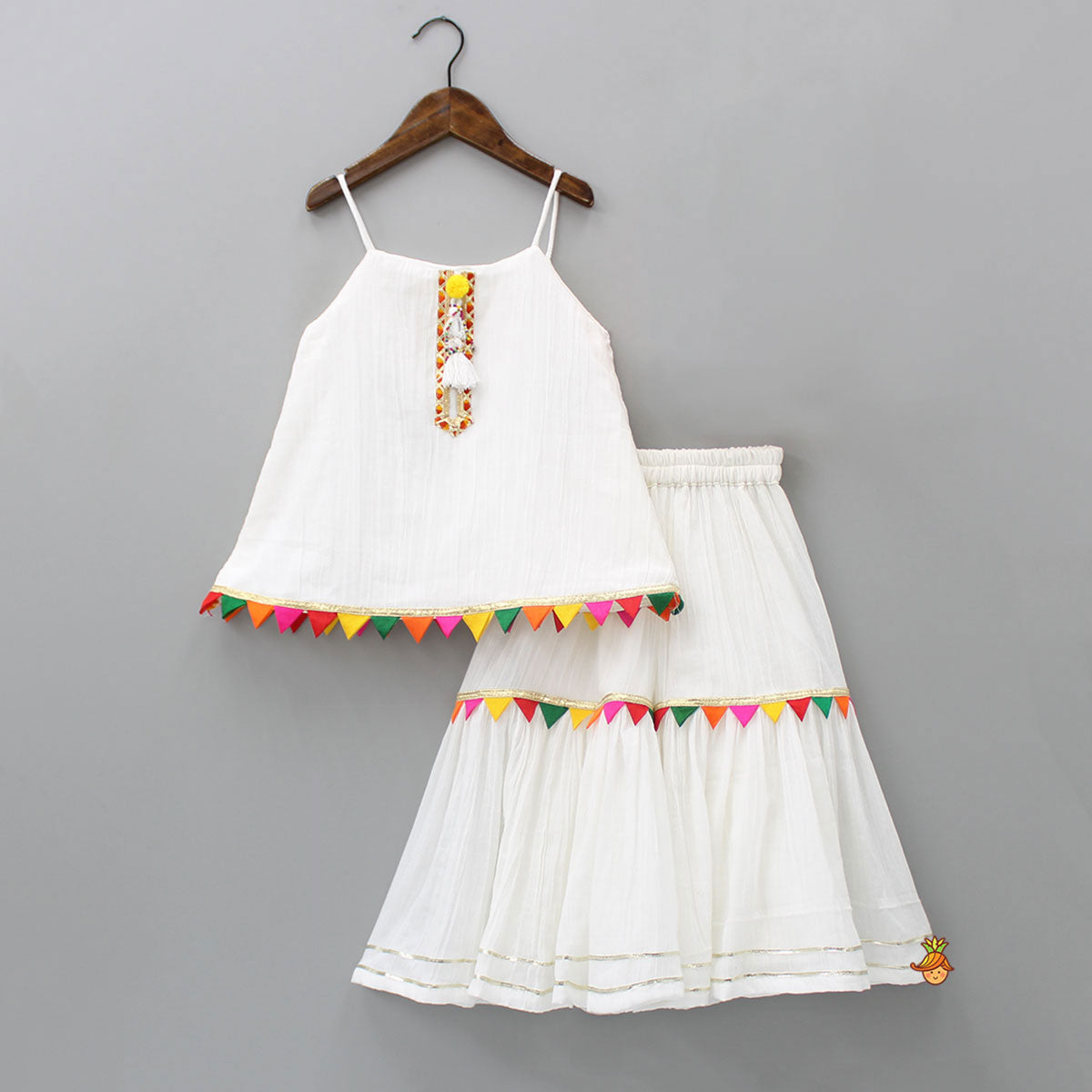 Colourful Triangles Lace Enhanced Flared Off White Top And Pleated Sharara With Contrasting Orange Leheriya Dupatta