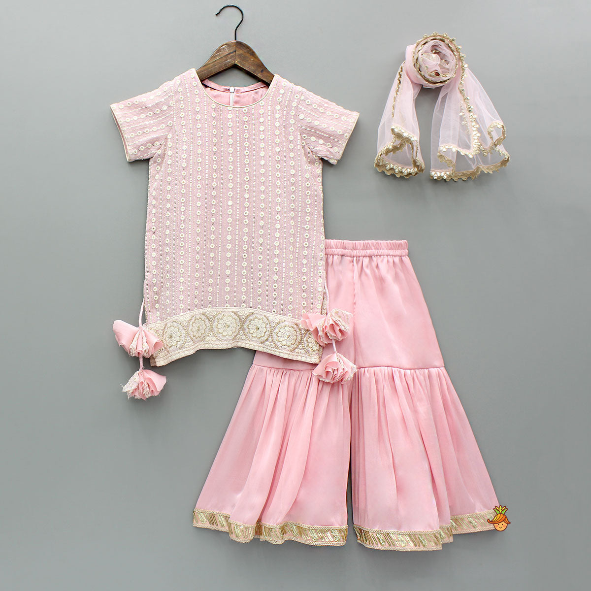 Splendid Embroidered Georgette Pink Kurti With Sharara And Dupatta