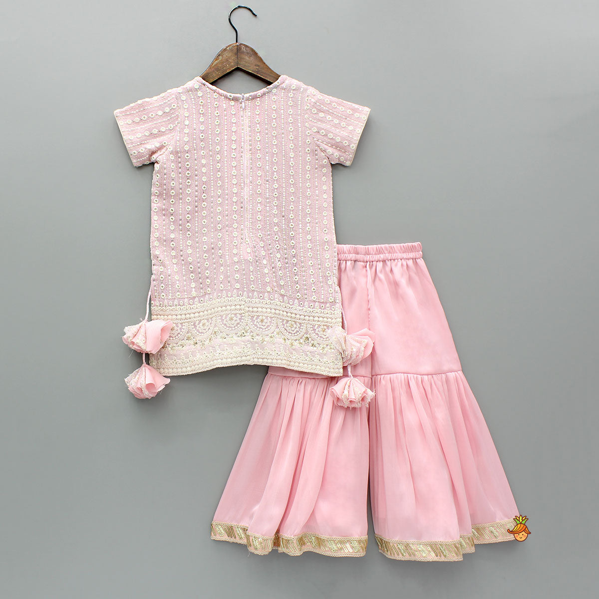 Splendid Embroidered Georgette Pink Kurti With Sharara And Dupatta