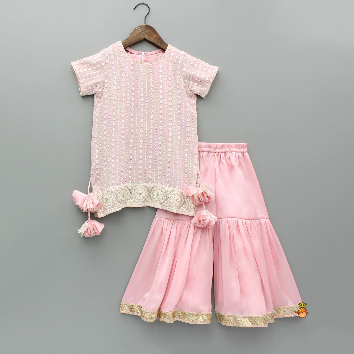 Splendid Embroidered Georgette Pink Kurti With Sharara And Dupatta