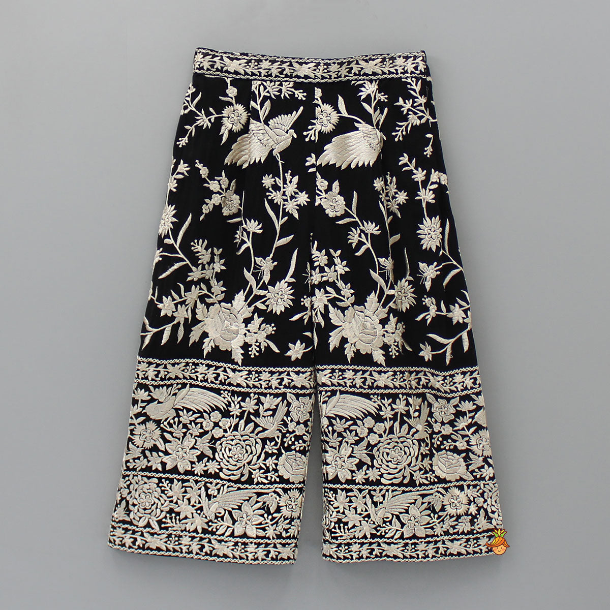 Black Top With Pom Poms Detailed Embroidered Cape And Palazzo