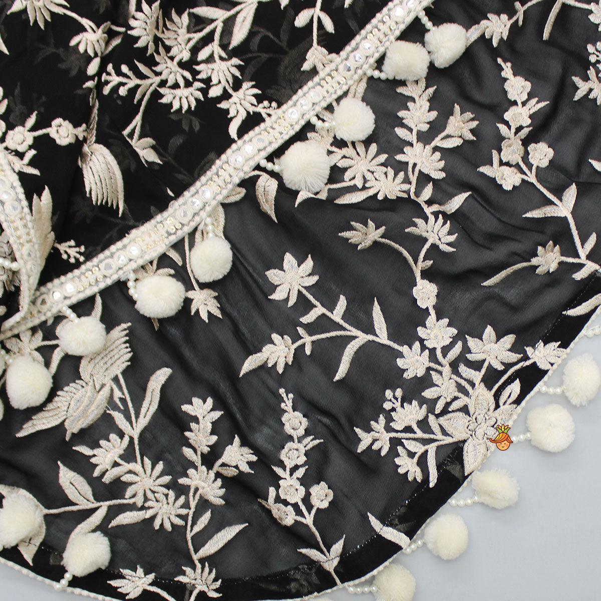 Black Top With Pom Poms Detailed Embroidered Cape And Palazzo