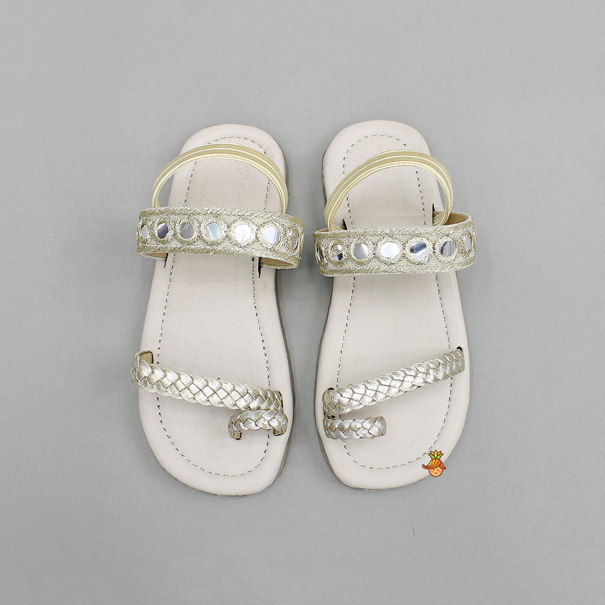 Faux Mirror Work With Braided Toe Ring Beige Base Kolhapuri Flats