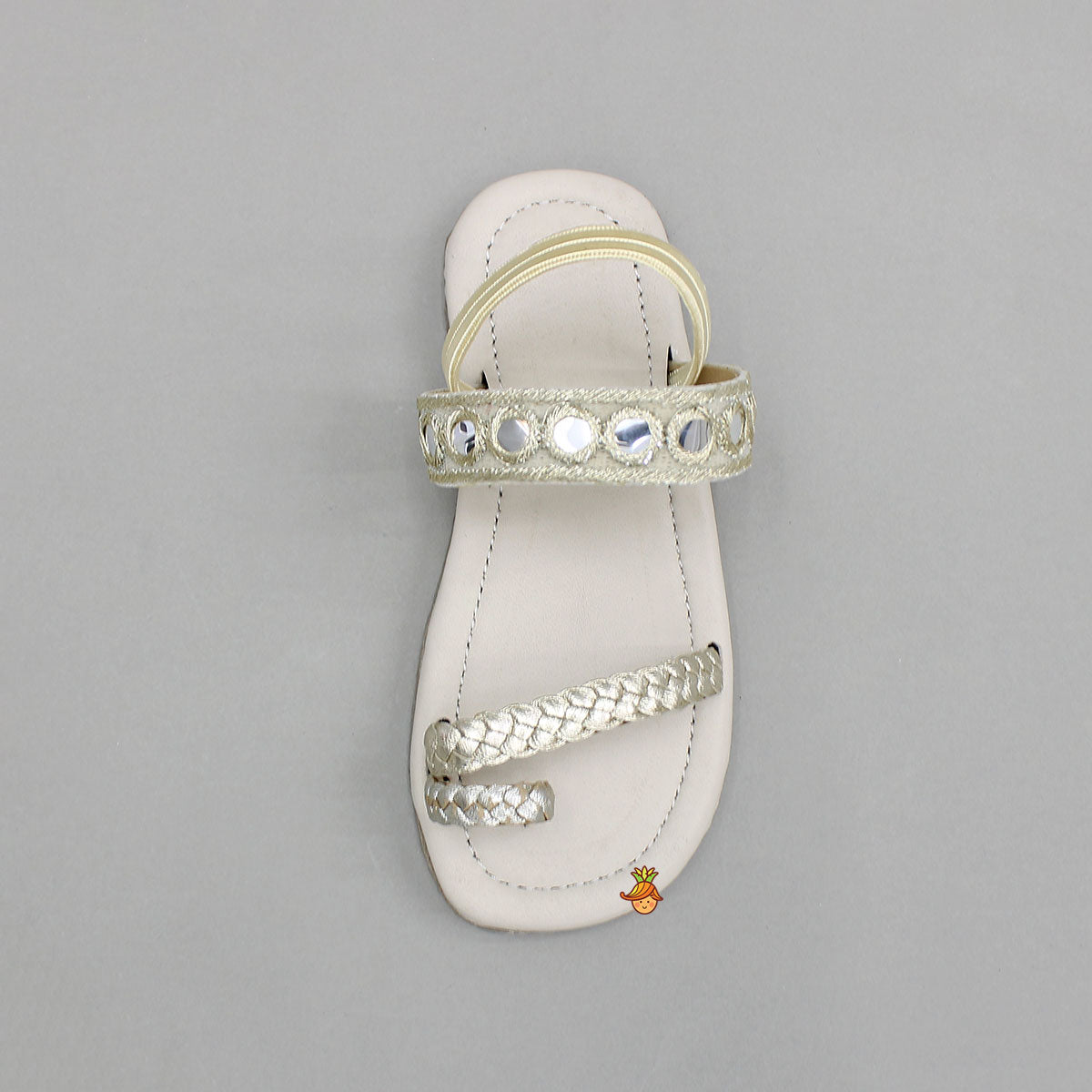Faux Mirror Work With Braided Toe Ring Beige Base Kolhapuri Flats