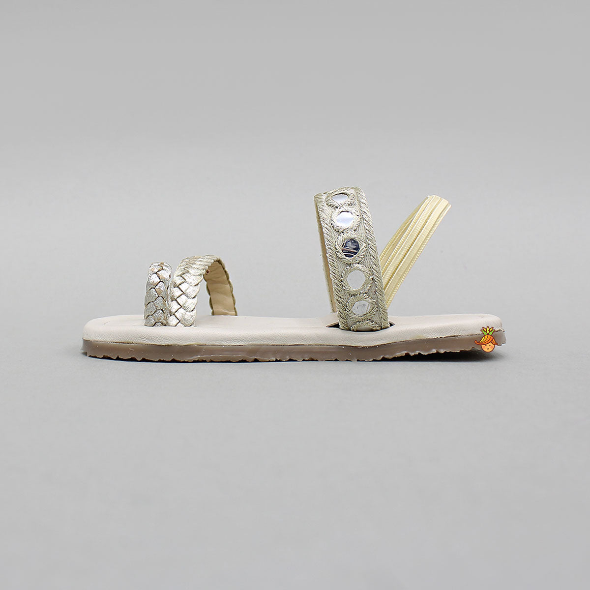 Faux Mirror Work With Braided Toe Ring Beige Base Kolhapuri Flats