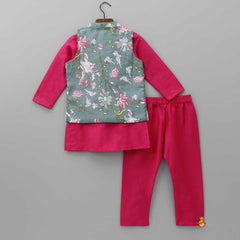 Pink Kurta With Floral Printed Grey Jacket And Pyjama
