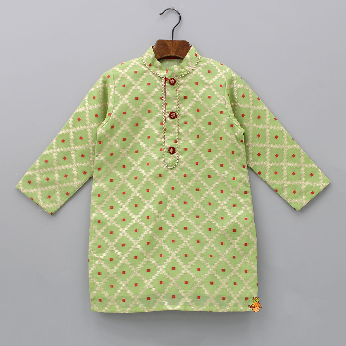 Green Kurta With Checks Embroidery And White Pyjama
