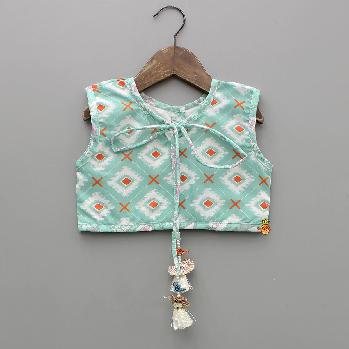 Printed Crop Top With Green Jacket And Sharara Style Palazzo
