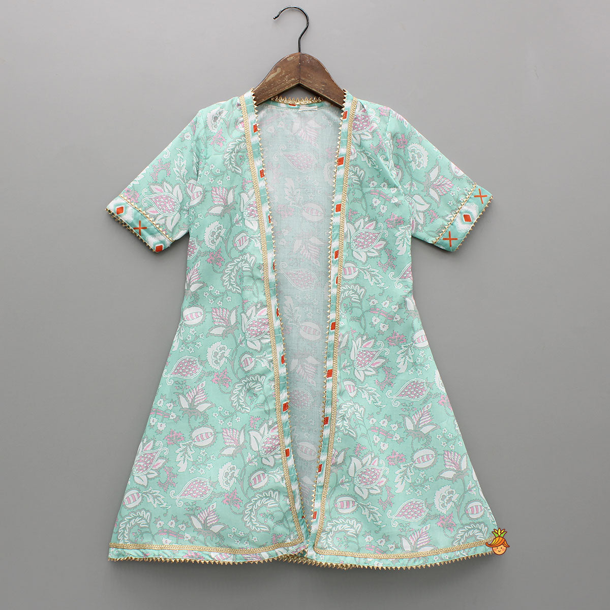 Printed Crop Top With Green Jacket And Sharara Style Palazzo