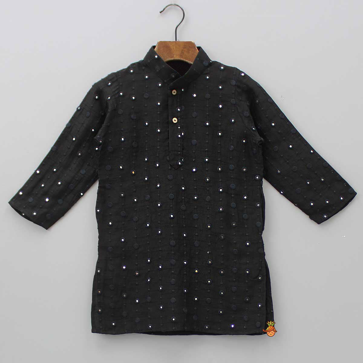 Faux Mirror Work Black Mandarin Collar Kurta And Pyjama