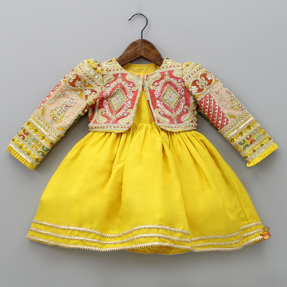 Round Neck Yellow Kurti With Heavy Embroidered Jacket