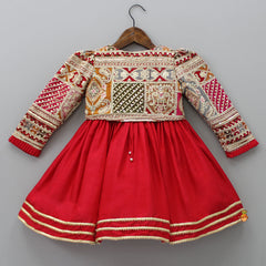 Pre Order: Round Neck Red Kurti With Heavy Embroidered Jacket