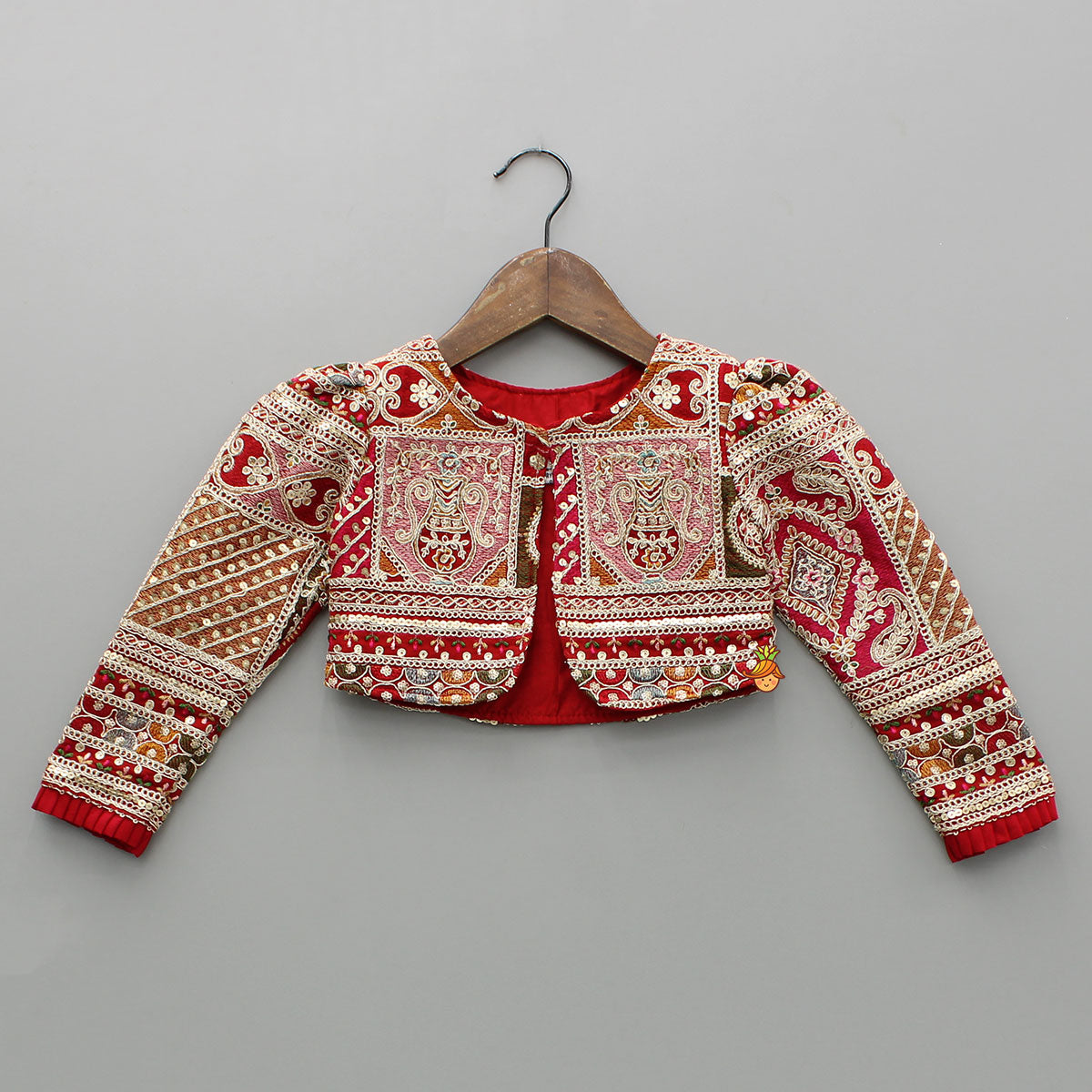 Round Neck Red Kurti With Heavy Embroidered Jacket