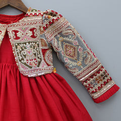 Pre Order: Round Neck Red Kurti With Heavy Embroidered Jacket