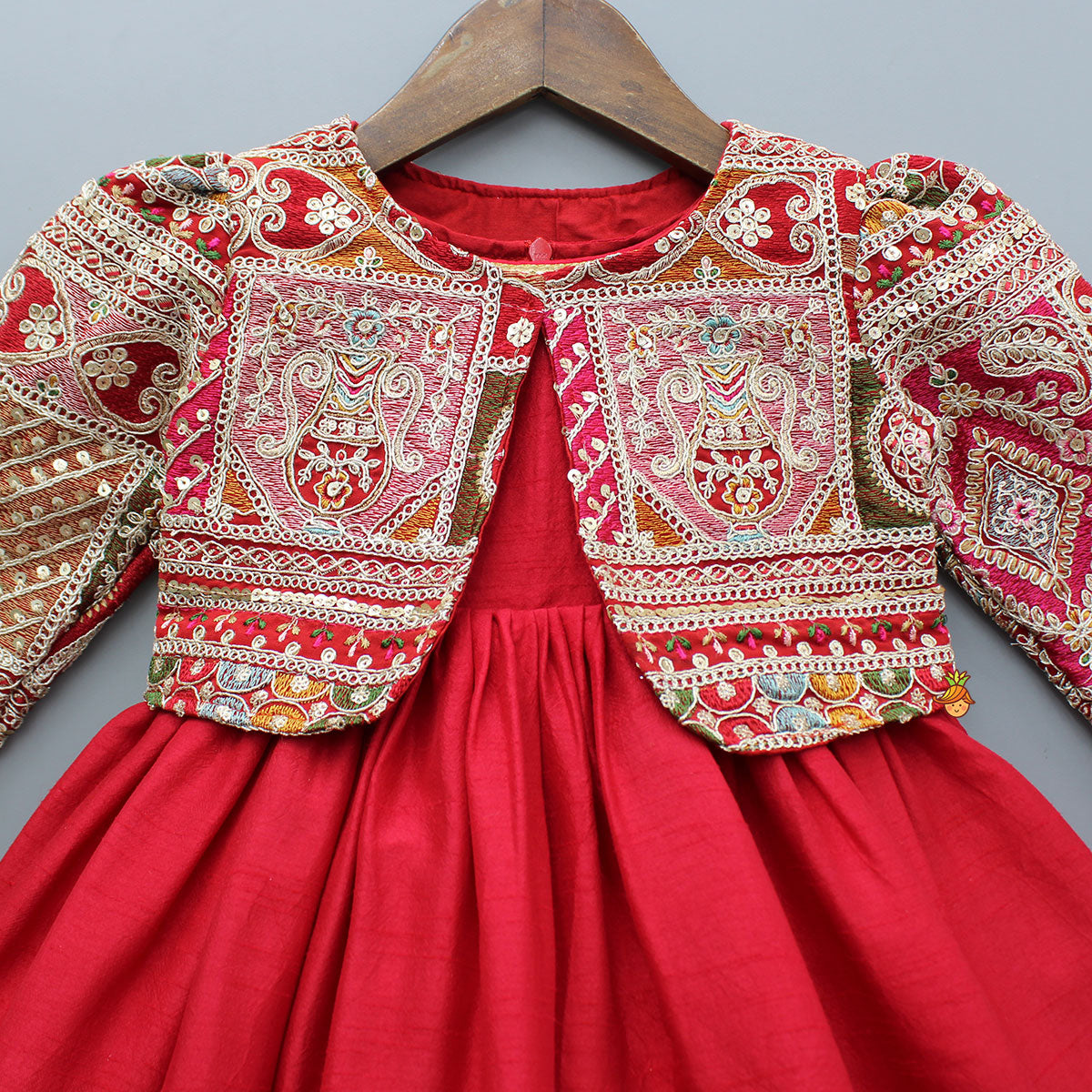 Round Neck Red Kurti With Heavy Embroidered Jacket