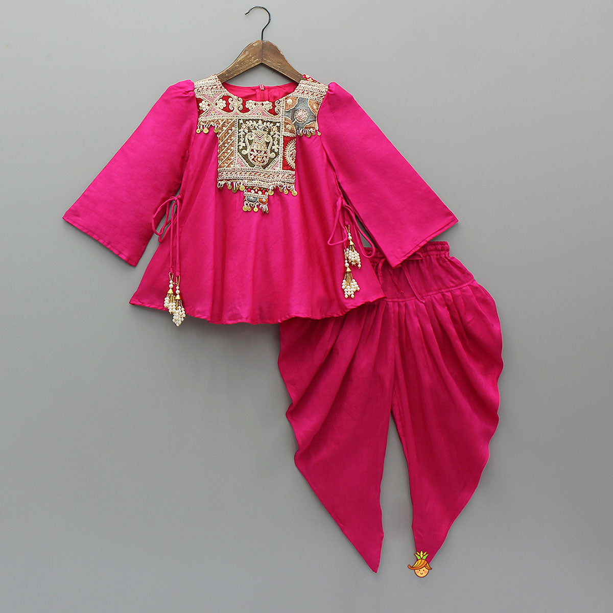 Embroidered Yoke Tassels Enhanced Pink Kurti And Dhoti