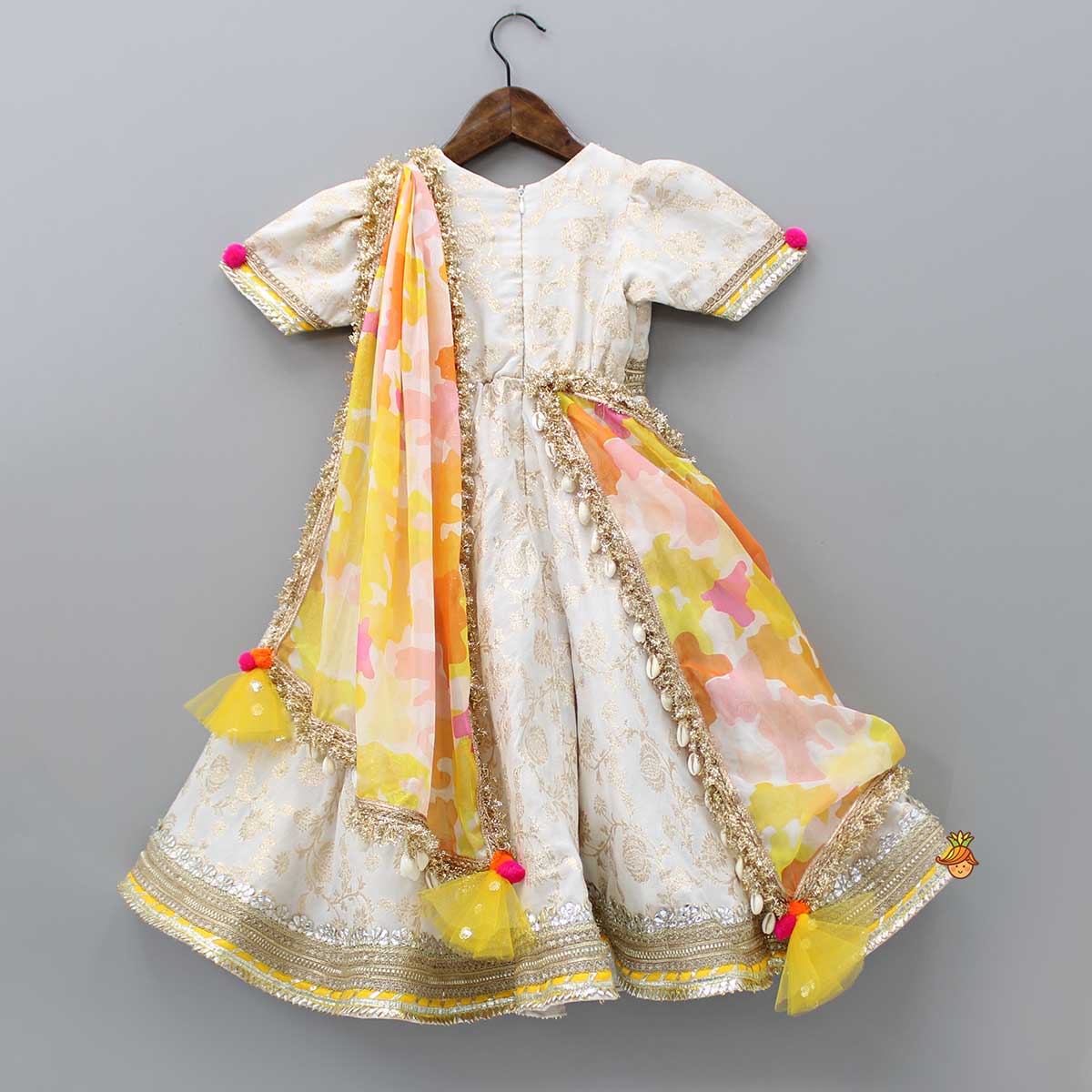 V Neck Chanderi Embroidered Off White Anarkali With Attached Multicolour Printed Dupatta