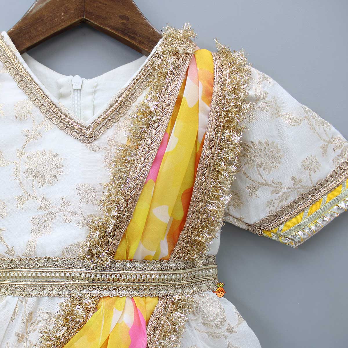 V Neck Chanderi Embroidered Off White Anarkali With Attached Multicolour Printed Dupatta