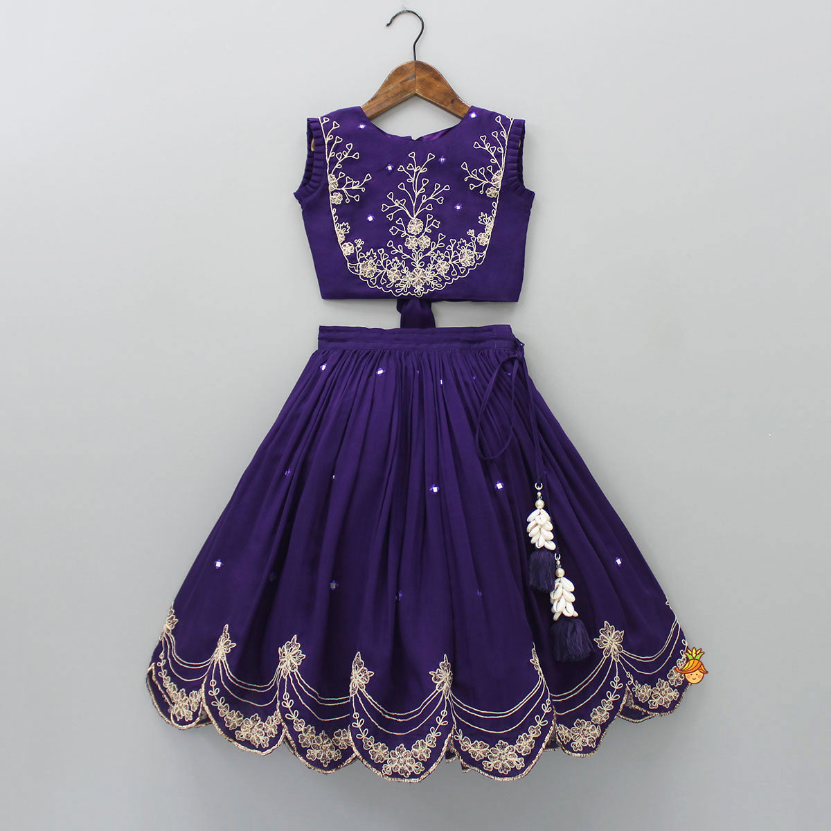 Dual Back Knot Detail Purple Top And Tassels Enhanced Lehenga