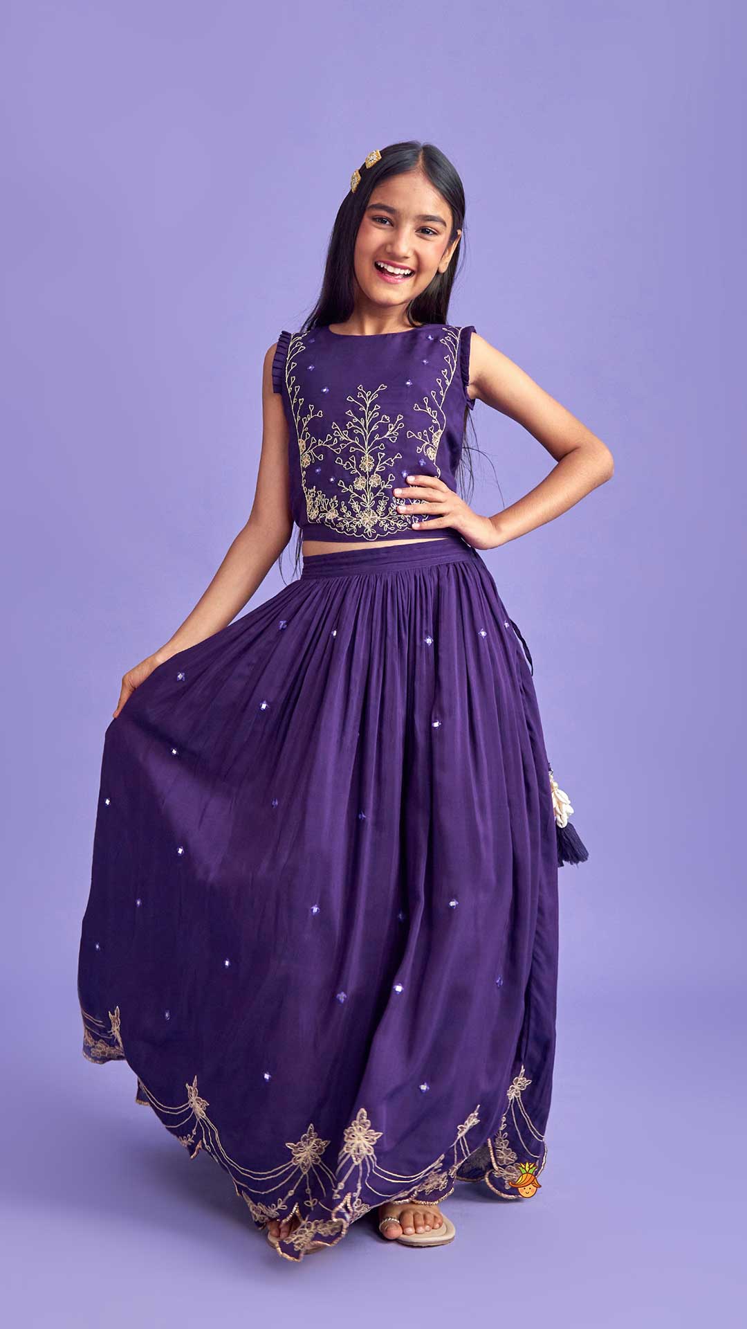 Dual Back Knot Detail Purple Top And Tassels Enhanced Lehenga