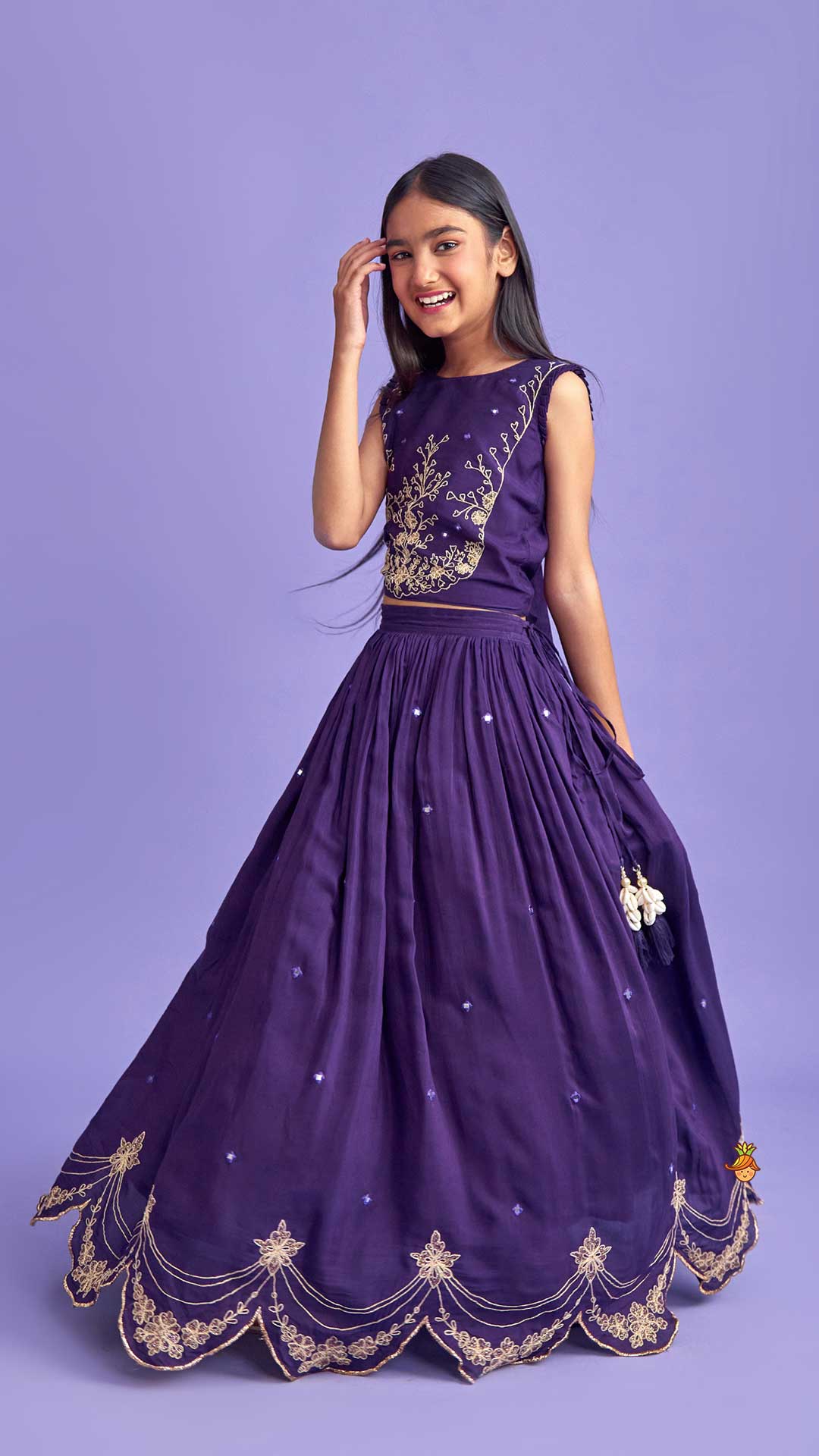 Dual Back Knot Detail Purple Top And Tassels Enhanced Lehenga