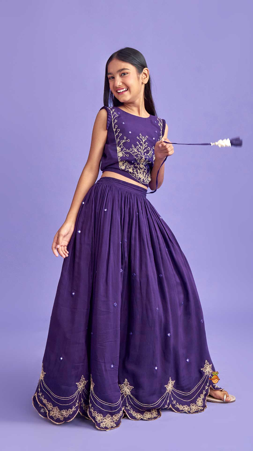 Dual Back Knot Detail Purple Top And Tassels Enhanced Lehenga