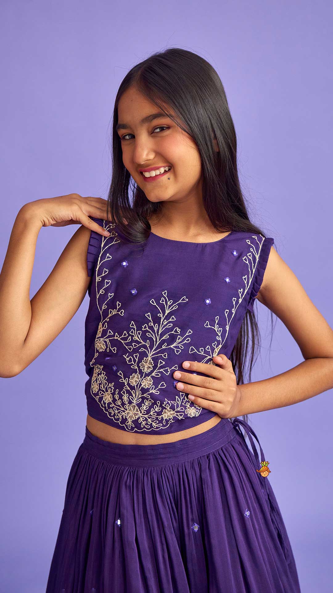 Dual Back Knot Detail Purple Top And Tassels Enhanced Lehenga