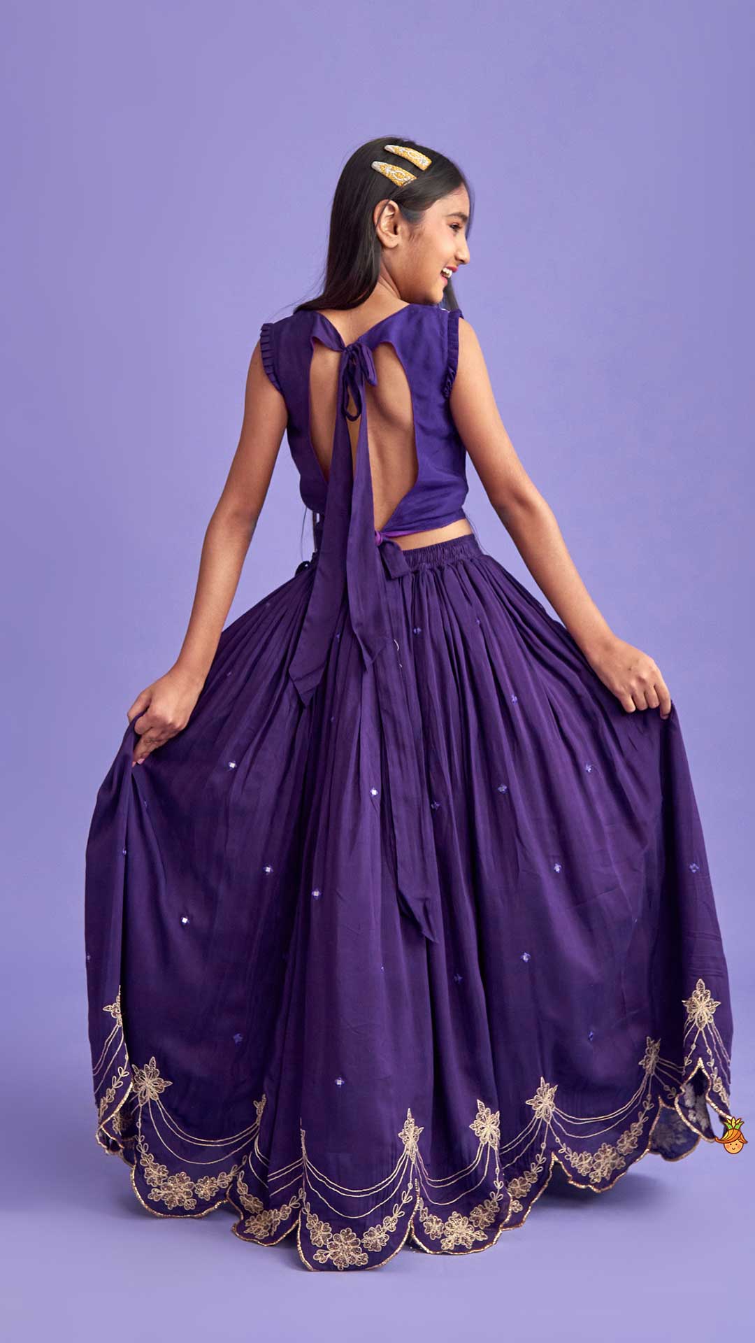 Dual Back Knot Detail Purple Top And Tassels Enhanced Lehenga