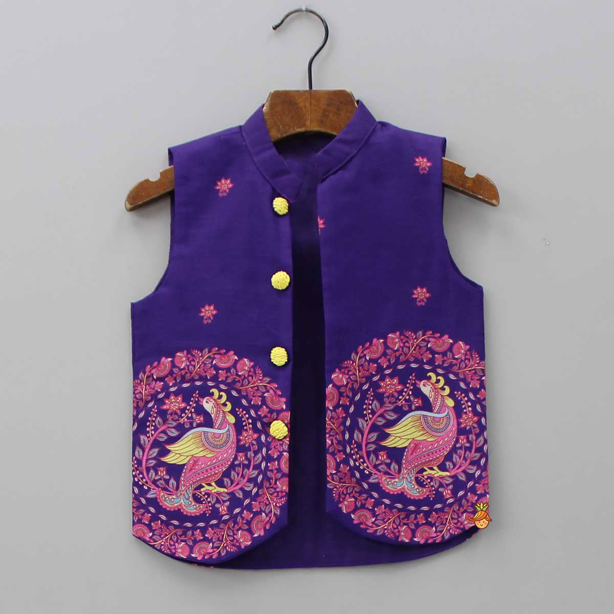 Purple Ethnic Kurta With Printed Open Jacket And White Pyjama