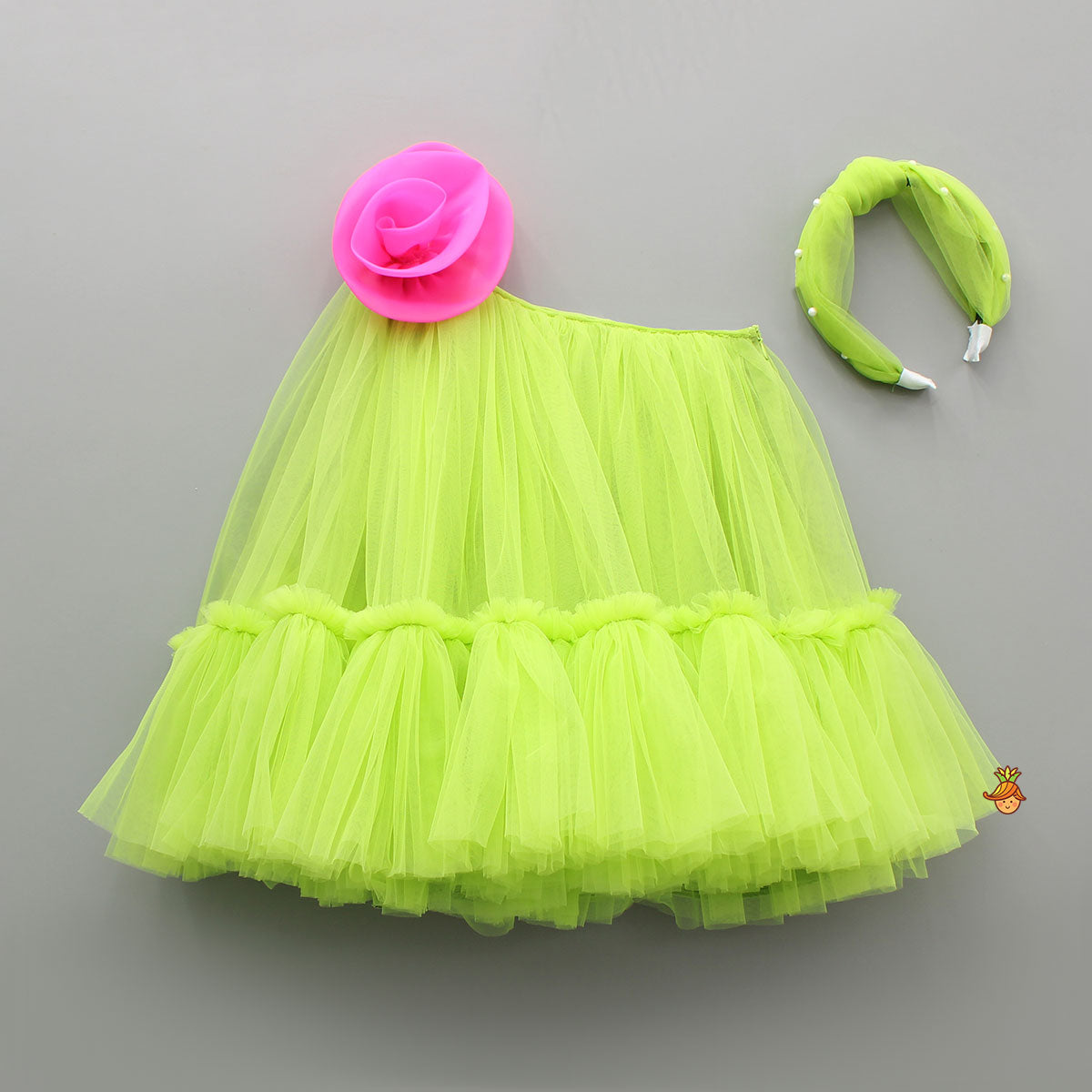 Contrasting Rose Adorned One Shoulder Green Dress With Matching Knot Detail Hair Band