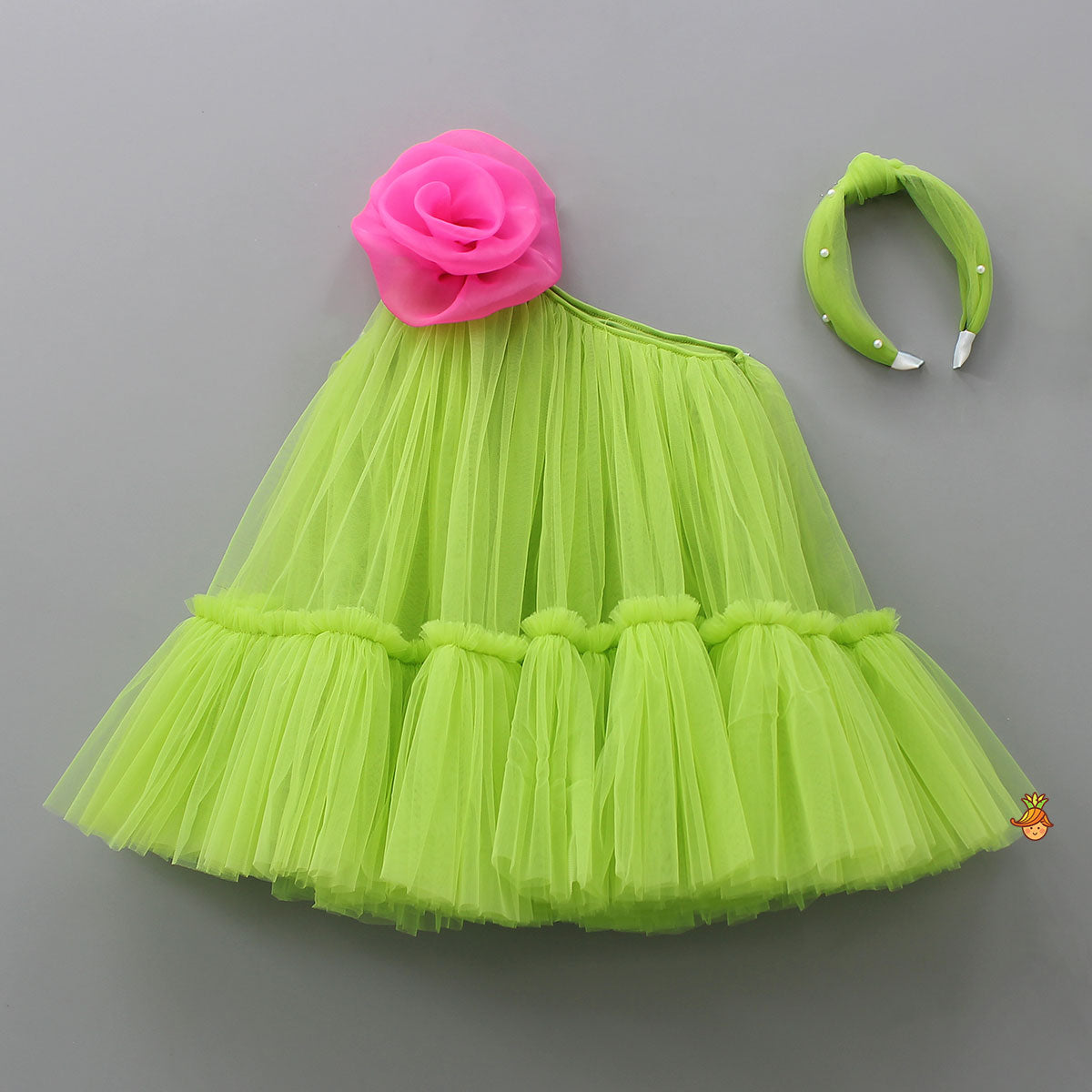 Contrasting Rose Adorned One Shoulder Green Dress With Matching Knot Detail Hair Band 1 - 2 Years Contrasting Rose Adorned One Shoulder Green Dress With Matching Knot Detail Hair Band 1 - 2 Years