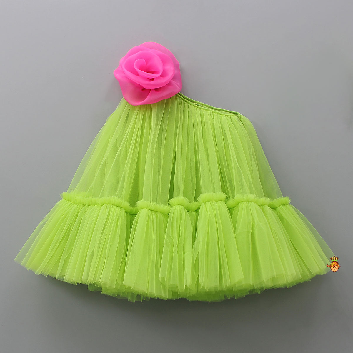 Contrasting Rose Adorned One Shoulder Green Dress With Matching Knot Detail Hair Band