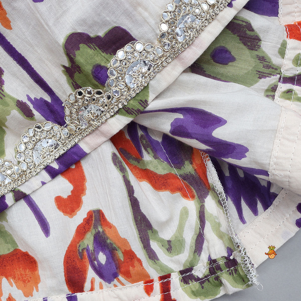 Tassels Enhanced Multicolour Printed Kurti And Sharara With Scalloped Lace Detail Dupatta