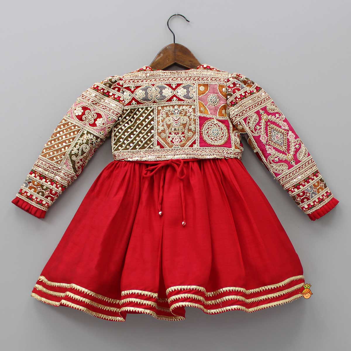 Round Neck Red Kurti With Heavy Embroidered Jacket