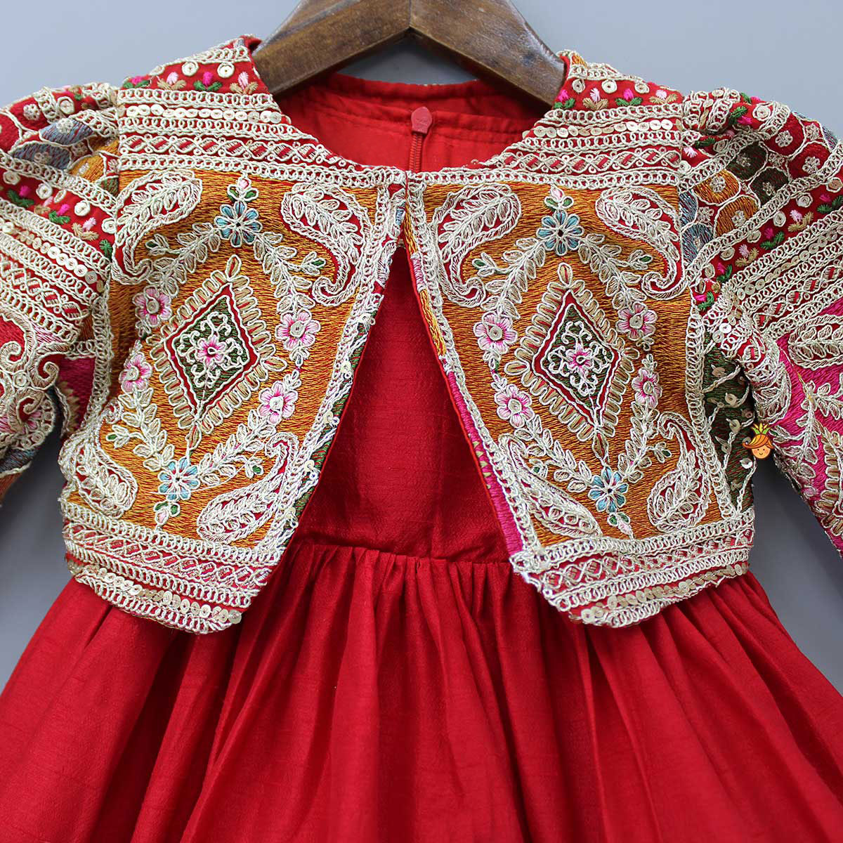Round Neck Red Kurti With Heavy Embroidered Jacket