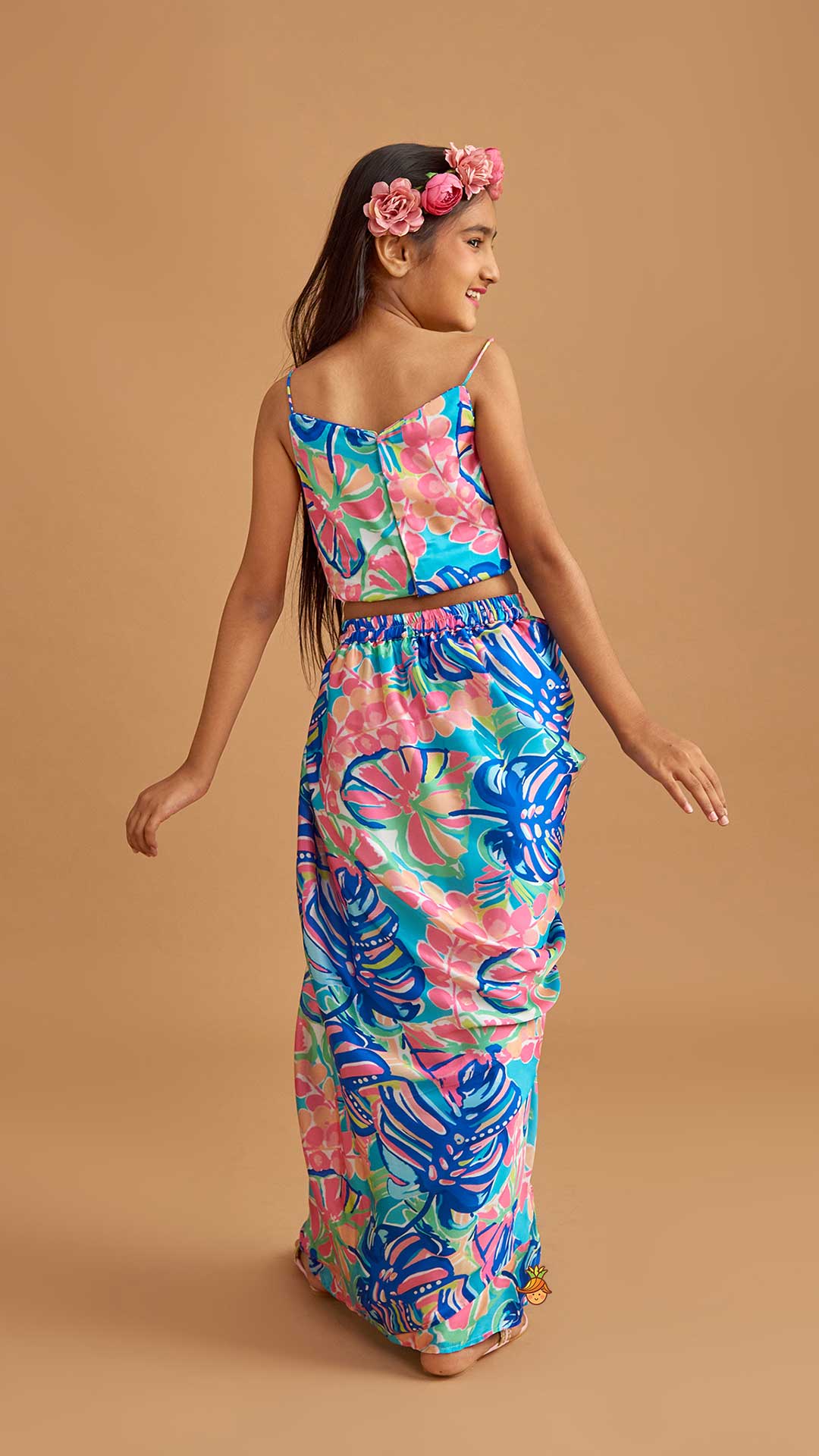 Multicolour Printed Lace Work Top With Cape And Dhoti Style Skirt