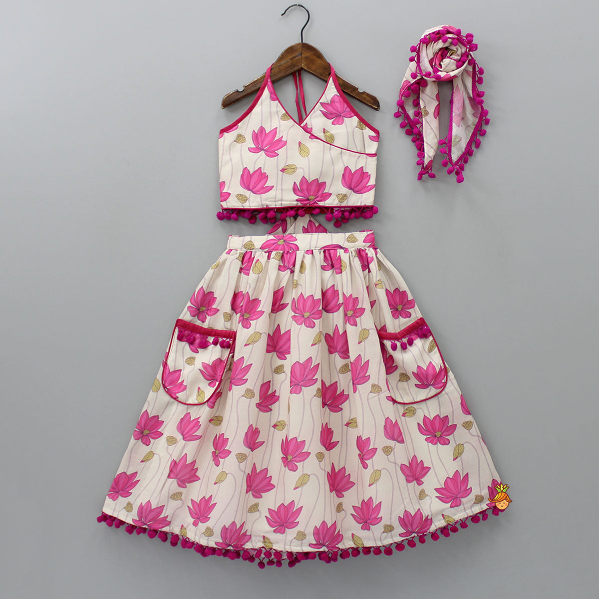 Halter Neck Lotus Printed Top And Pockets Lehenga With Stylish Scarf