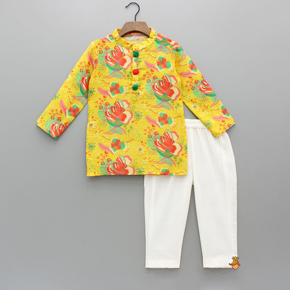 Pom Poms Adorned Yellow Kurta And Pockets Detail Pyjama