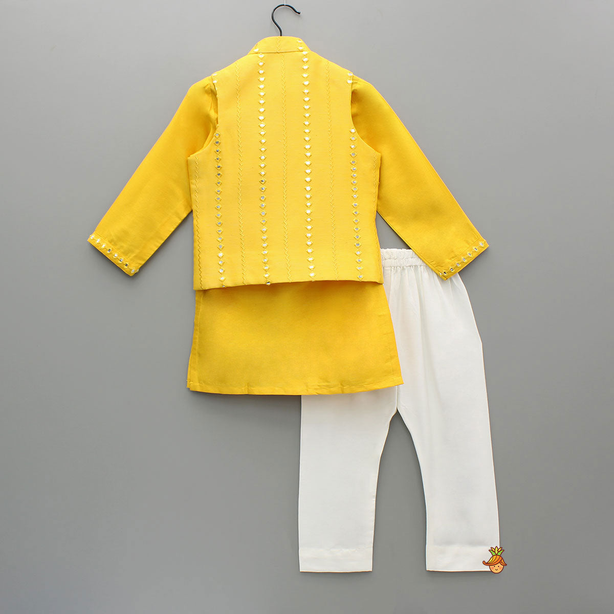 Faux Mirror Work Front Placket Yellow Kurta With Pocket Detail Jacket And Pyjama