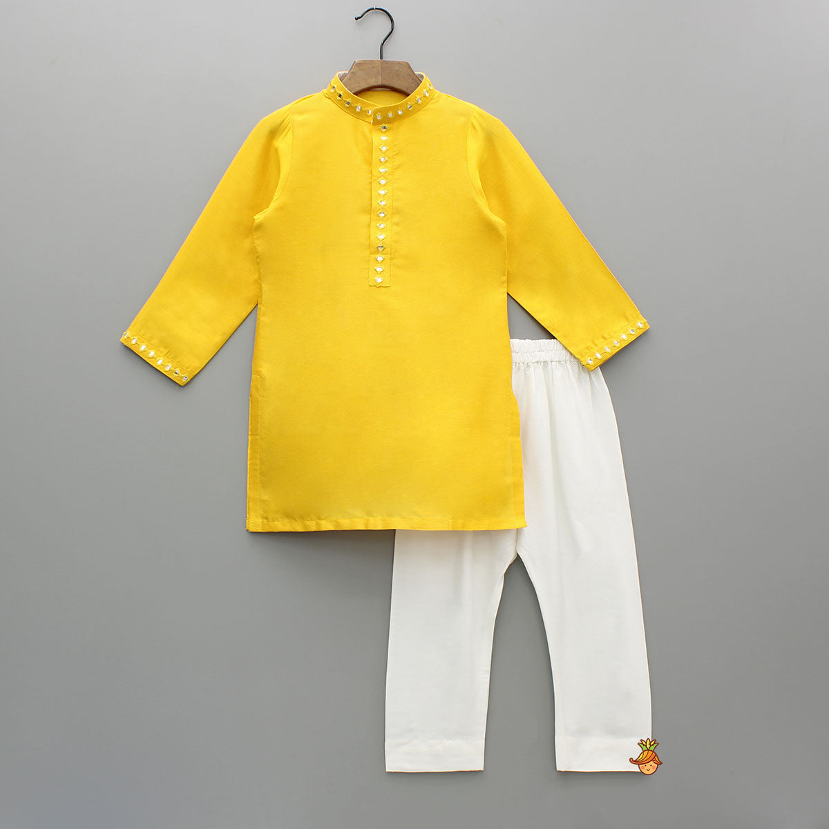 Faux Mirror Work Front Placket Yellow Kurta With Pocket Detail Jacket And Pyjama