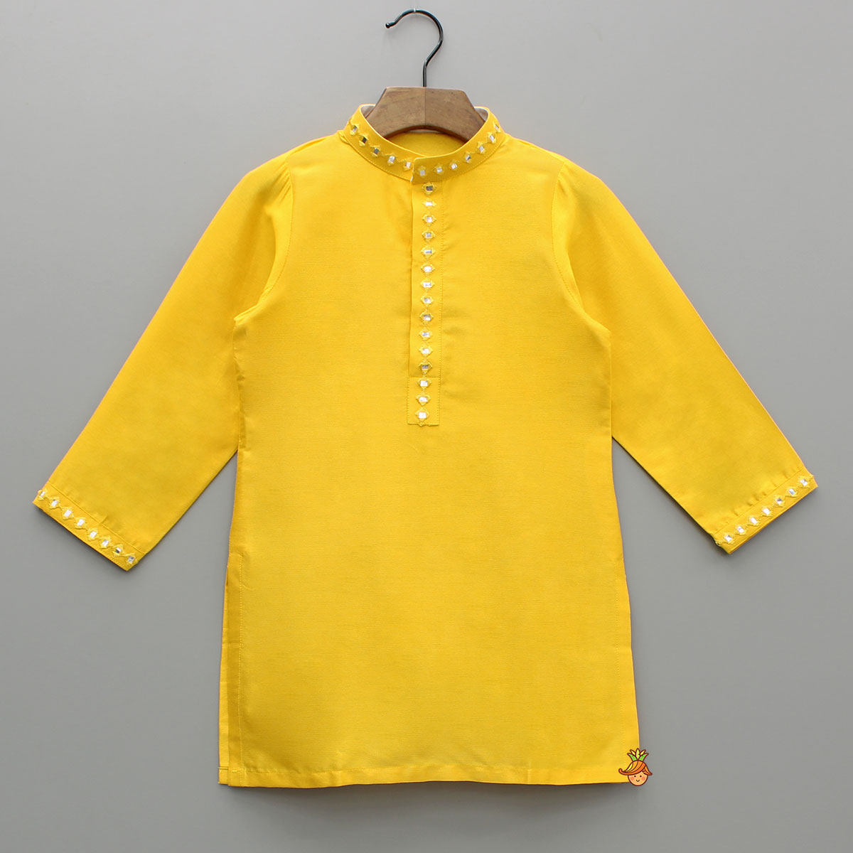 Faux Mirror Work Front Placket Yellow Kurta With Pocket Detail Jacket And Pyjama