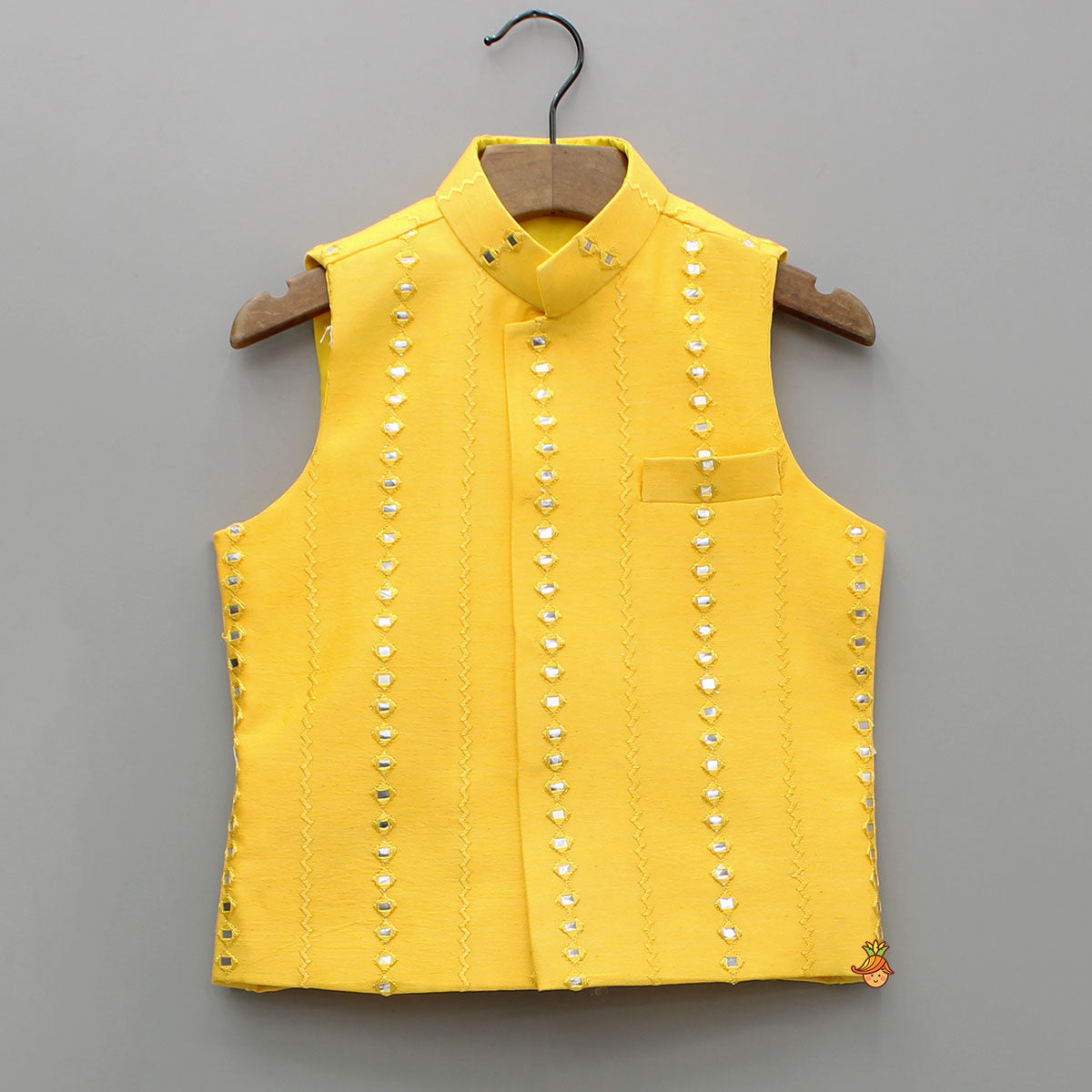 Faux Mirror Work Front Placket Yellow Kurta With Pocket Detail Jacket And Pyjama