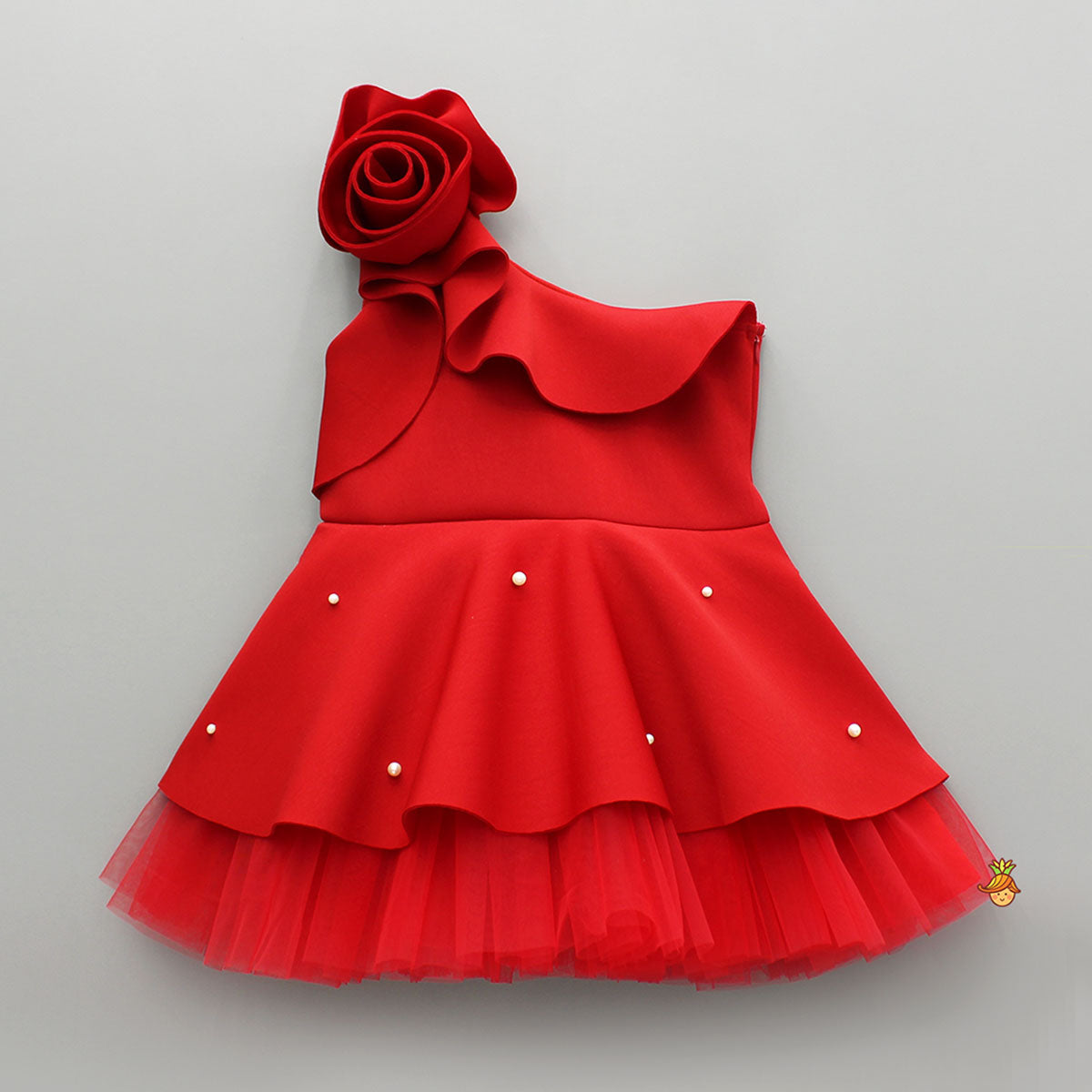 Rose Embellished Frilly Red Scuba Dress