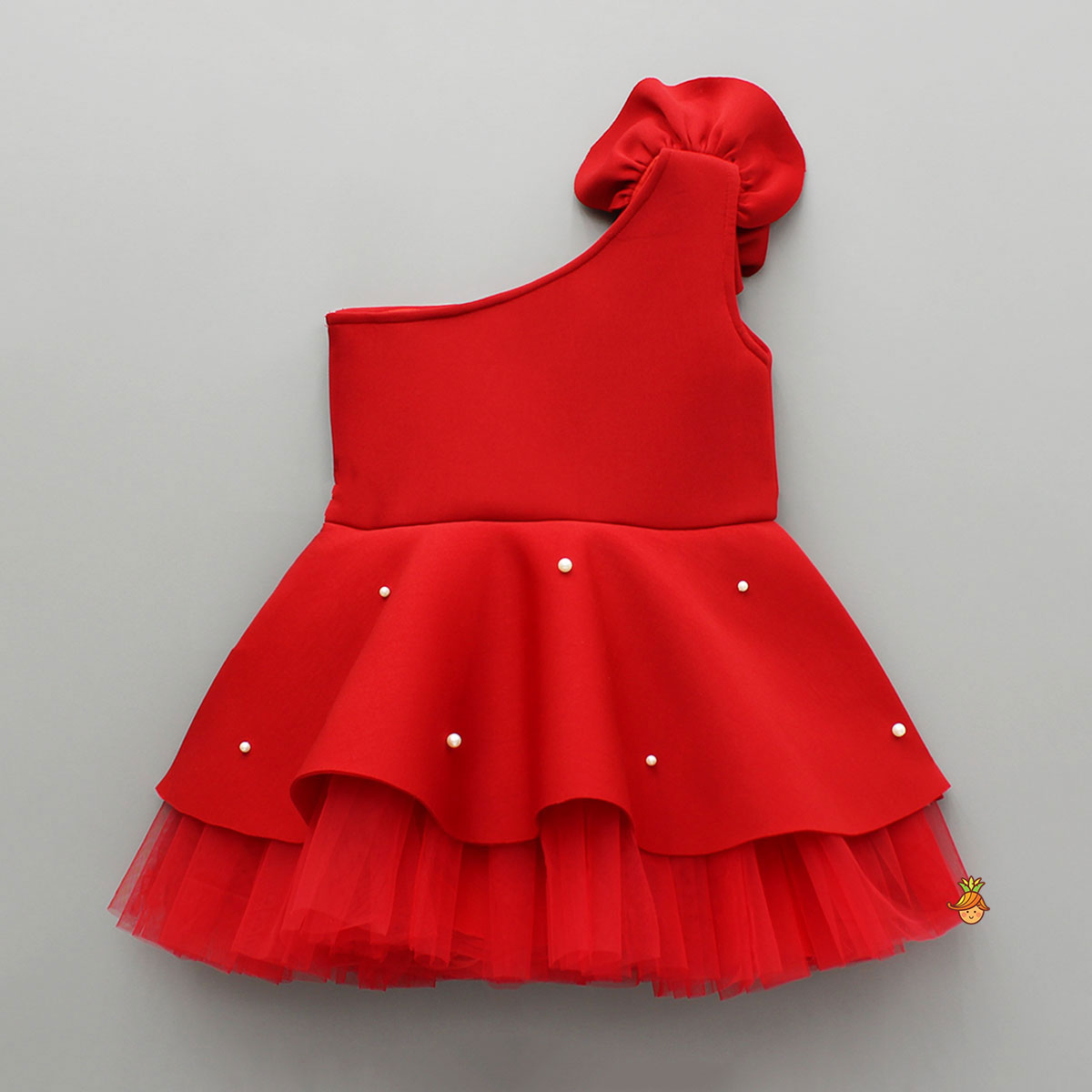 Rose Embellished Frilly Red Scuba Dress