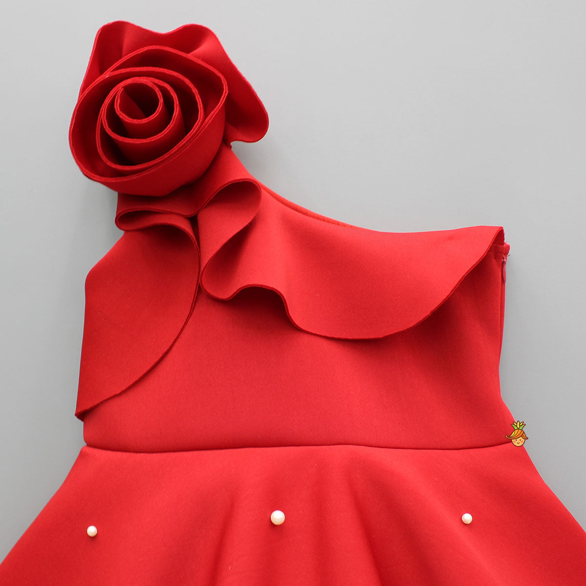 Rose Embellished Frilly Red Scuba Dress