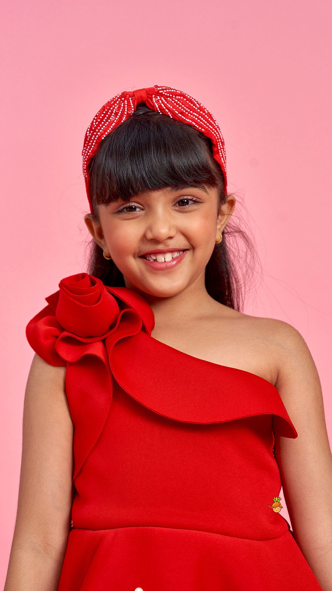 Rose Embellished Frilly Red Scuba Dress